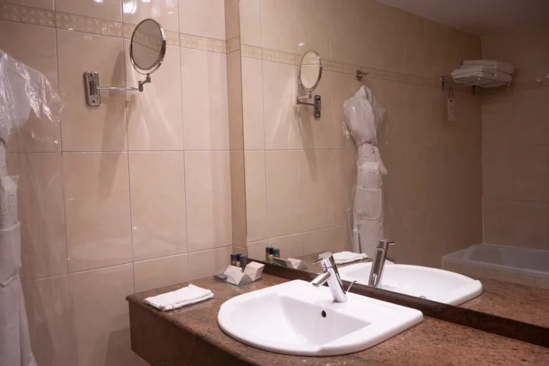 Salle de bain de la Chambre Supérieure : vasque et miroir grossissant